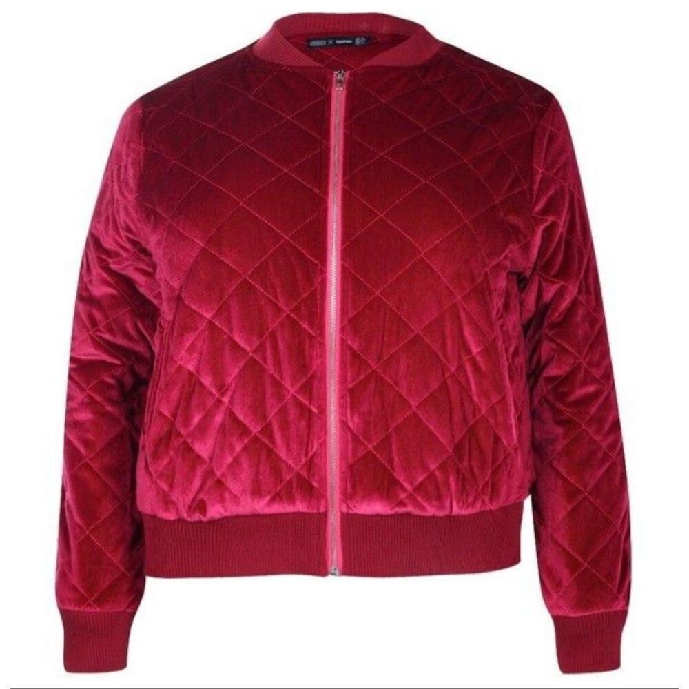 Boohoo red velvet quilted bomber jacket size small